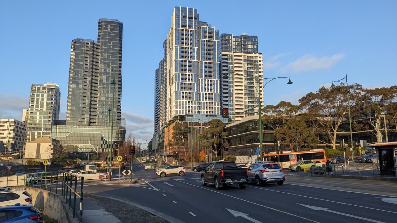 Box Hill buildings looking east at Whitehorse Road and Elgar Road