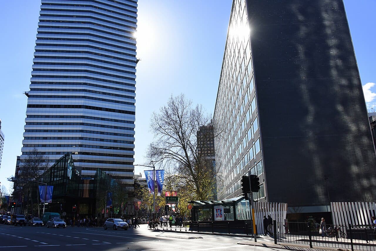Miller Street and Pacific Highway intersection, North Sydney — corporate office spine below the lower north shore