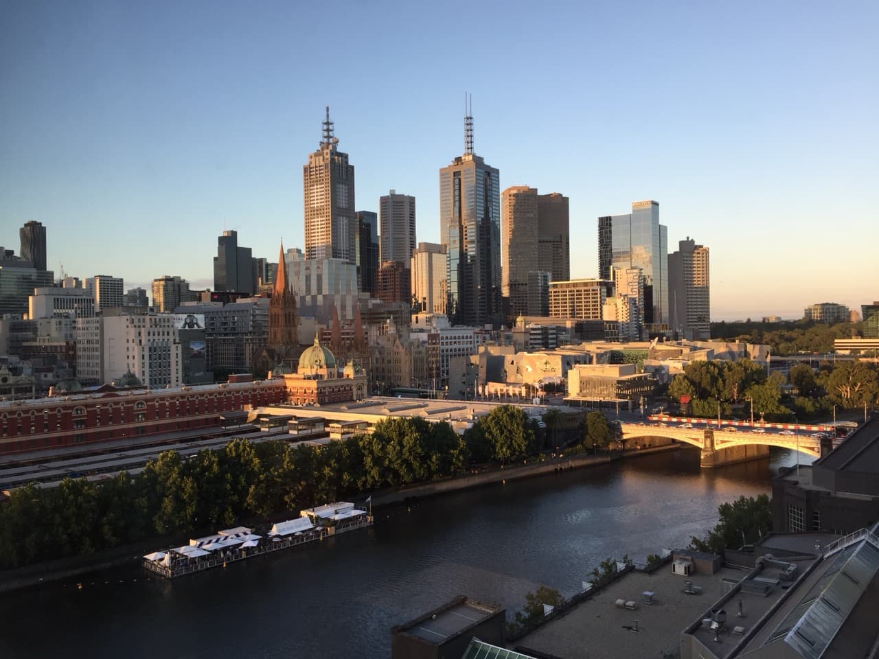 Melbourne skyline from Southbank Promenade with Princes Bridge and Flinders Street