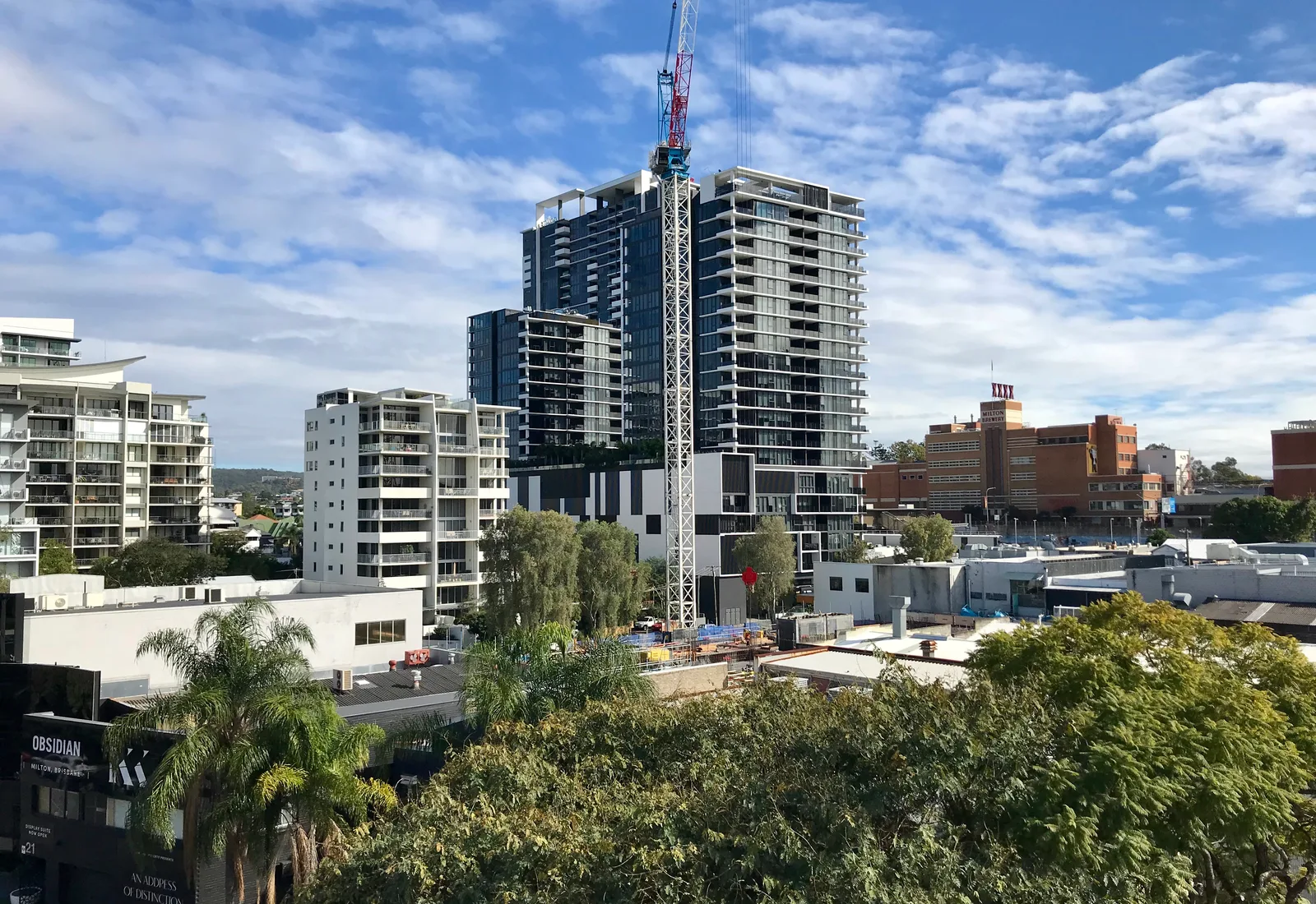 Apartment buildings and the landmark XXXX Brewery in Milton, the mixed-use inner-city Brisbane suburb