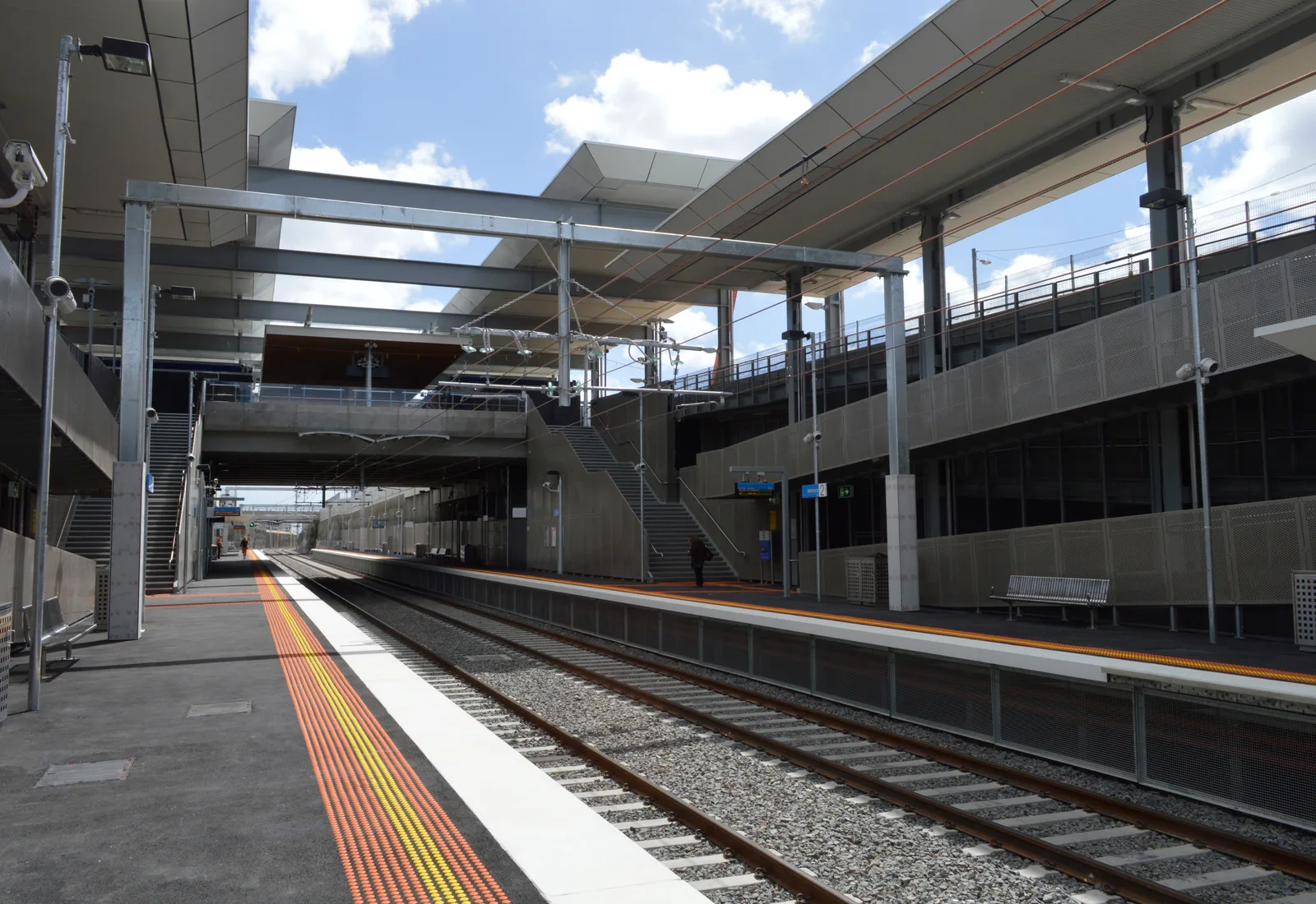 The modern elevated Mitcham railway station on the Belgrave/Lilydale line, built in the 2014 level-crossing removal