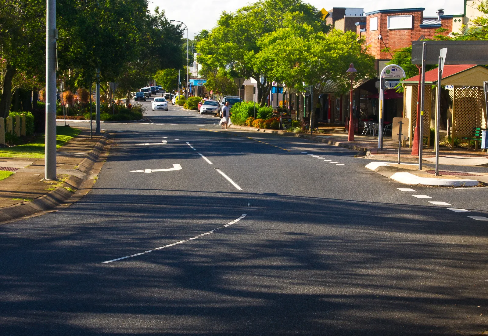 The Brighton Road town-centre shopping strip at Sandgate, the bayside foreshore village in Brisbane's far north