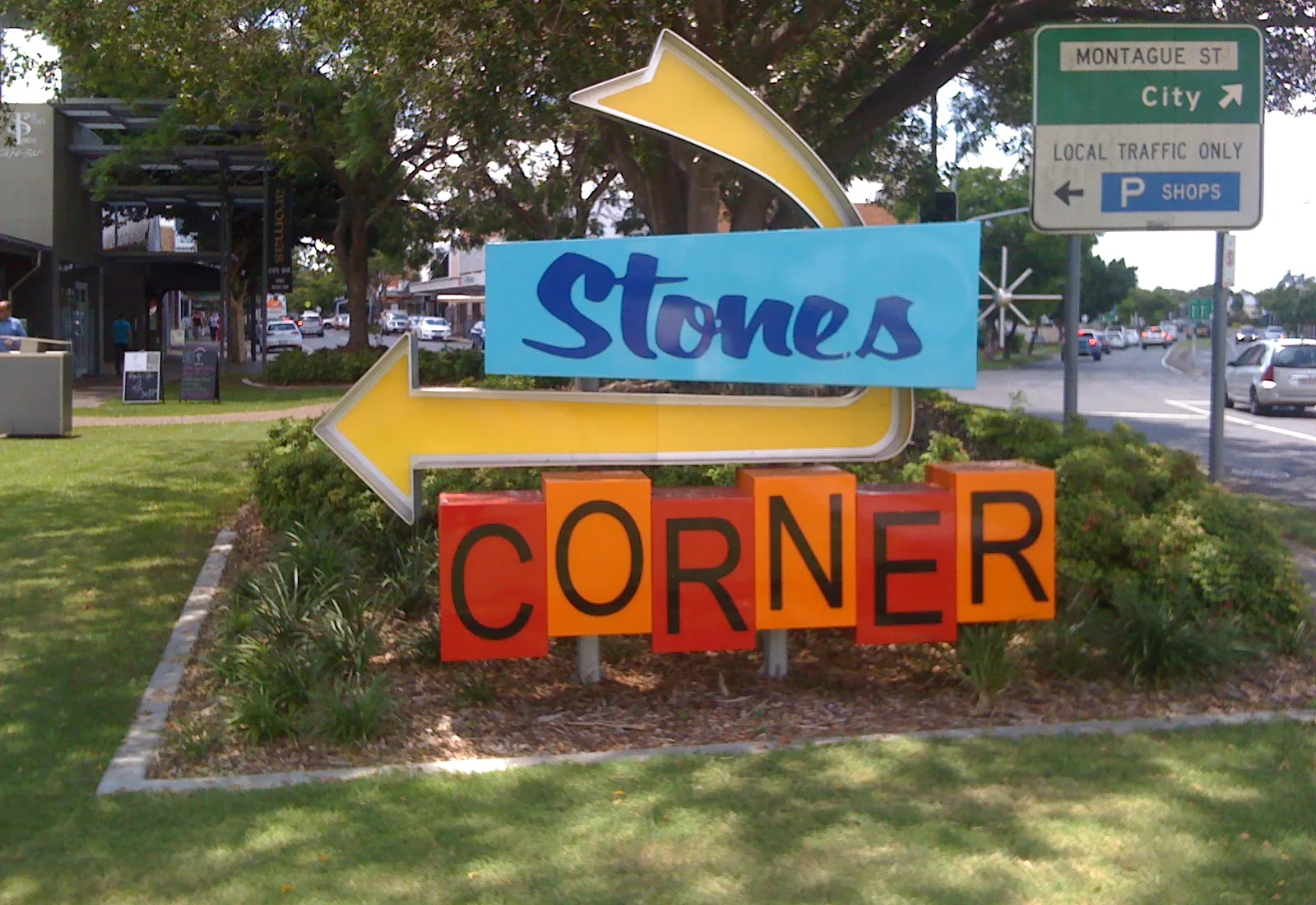 The Stones Corner sign at the Logan Road junction, a gentrifying inner-south Brisbane retail-and-dining strip