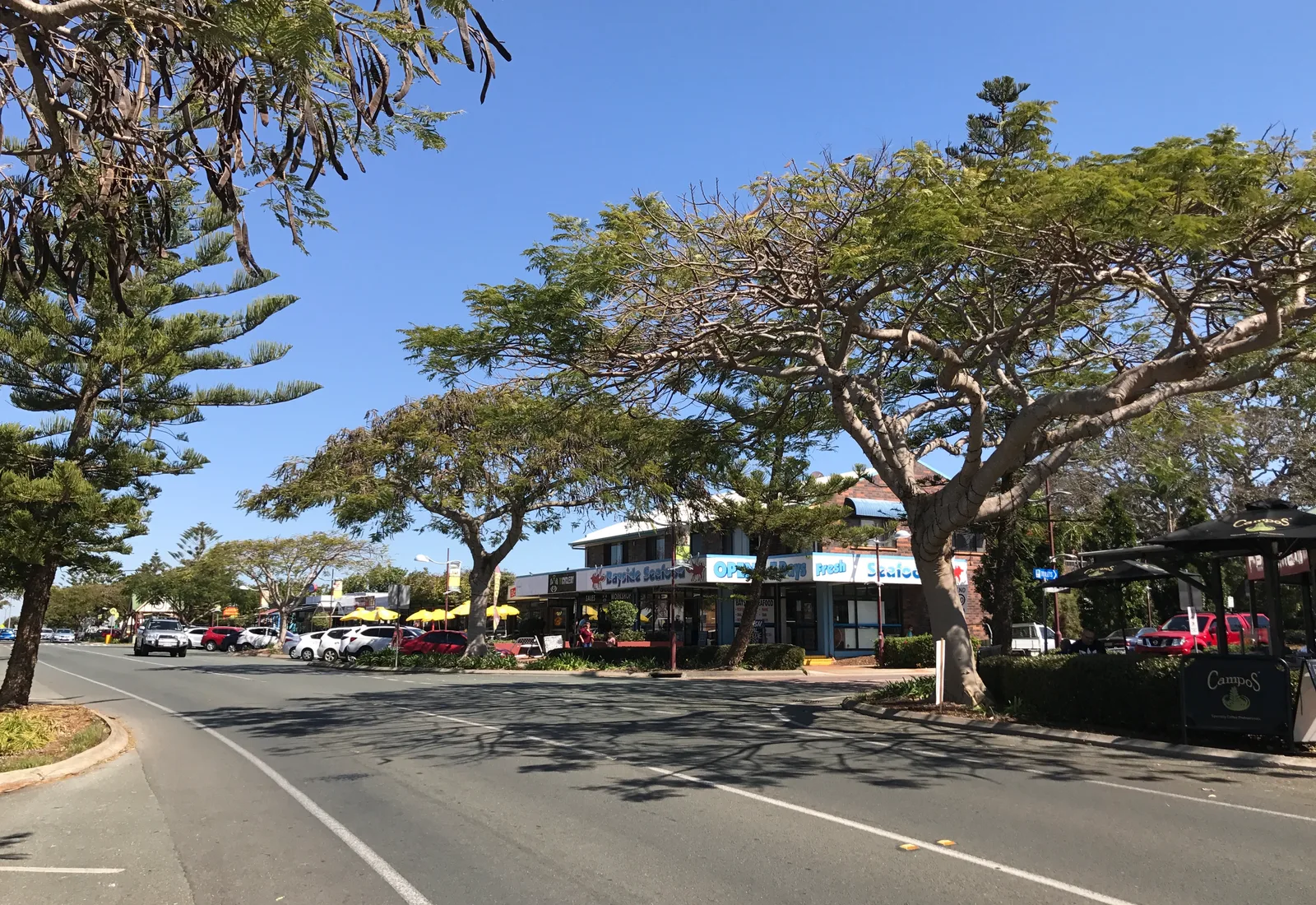The Main Road village strip at Wellington Point, the established bayside family suburb in the Redlands